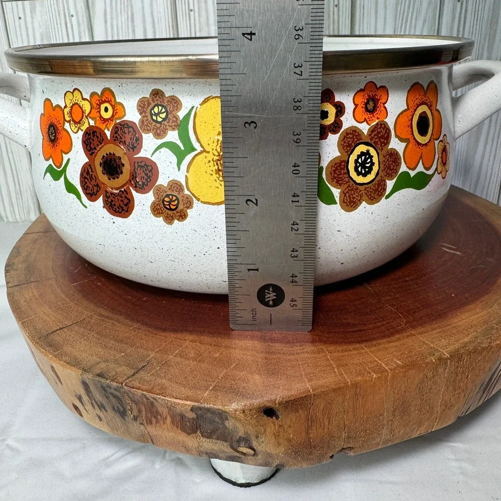 Vintage 70's Harvest Blossom Porcelain Enamel Cookware Stock Pot RETRO‎